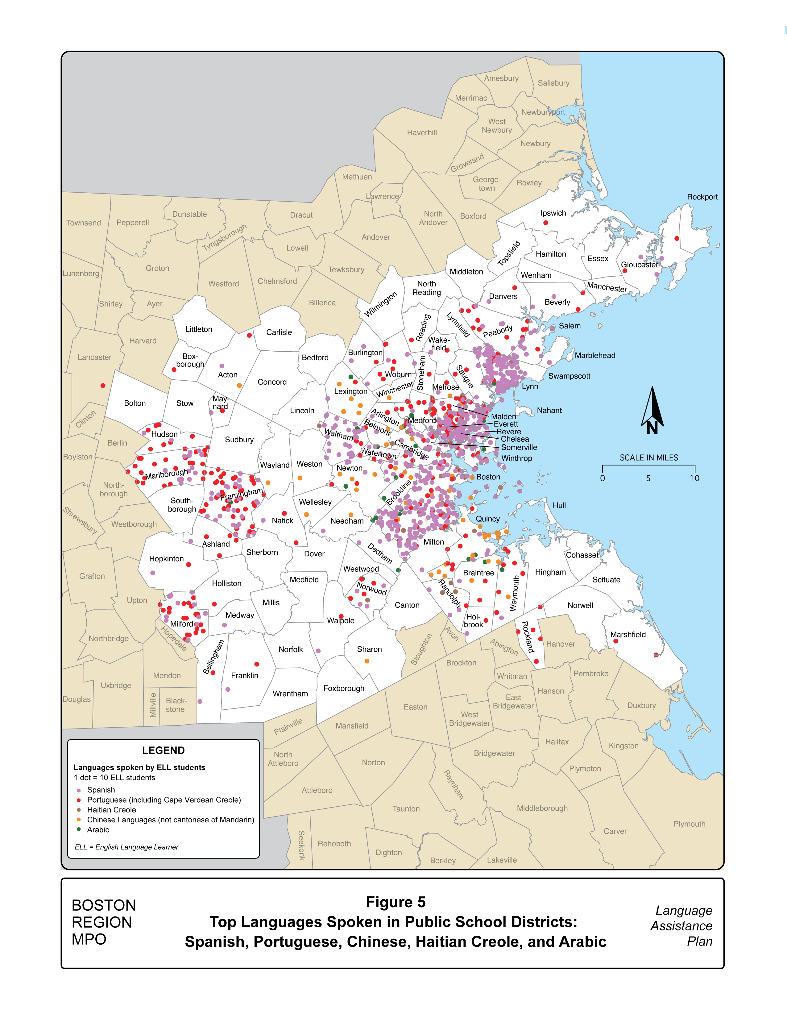 Figure 5 is a map showing the distribution of English language learners for the 2020–21 academic year who speak one of the top languages spoken in the Boston region’s public school districts: Spanish, Portuguese, Chinese, Haitian Creole, and Arabic.